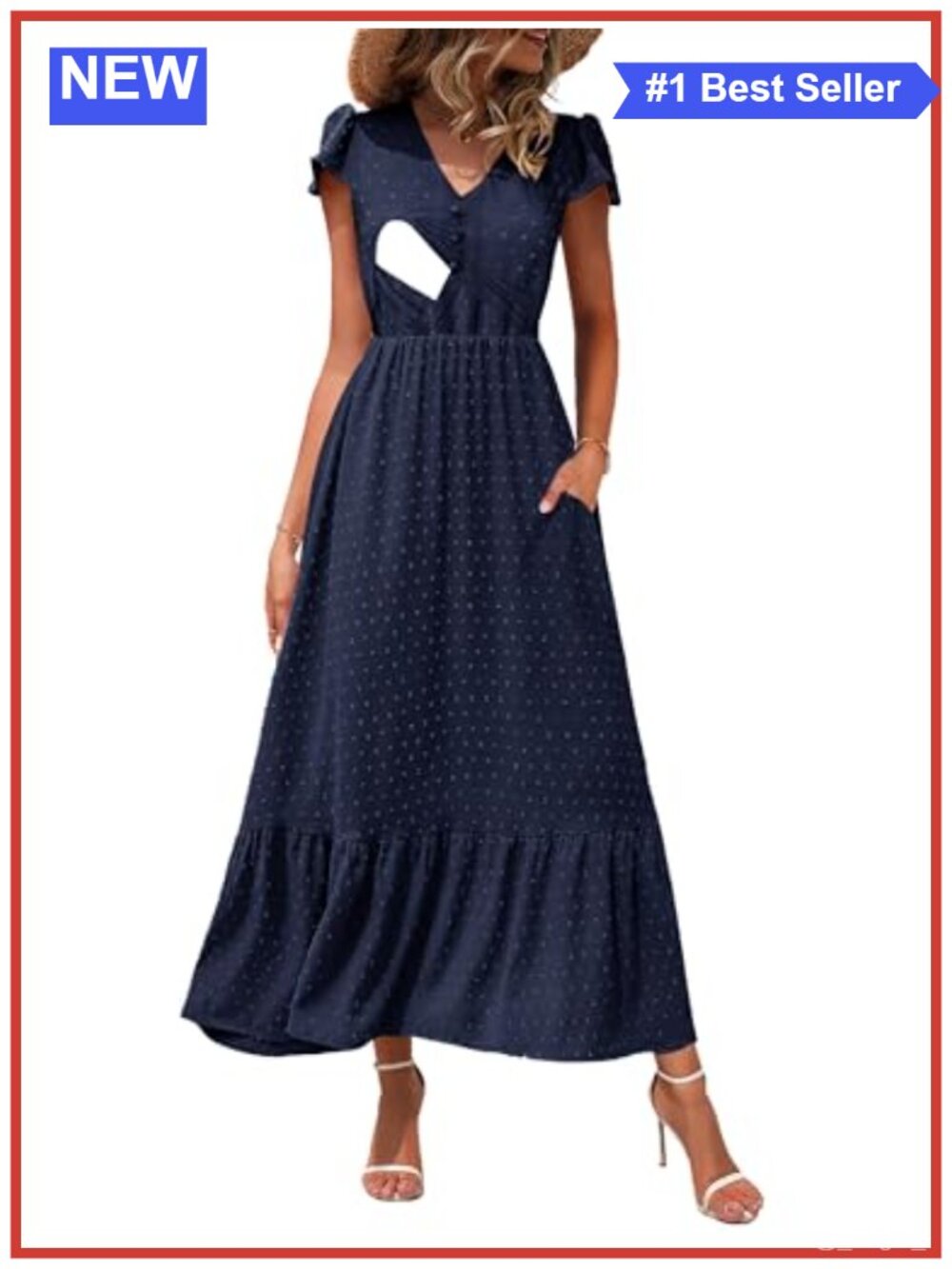 Women Nursing Maxi Dress Cap Sleeve V Neck Swiss Dot Pockets